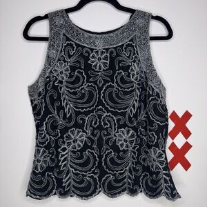 JKARA Black Silk Silver Beaded Floral Sleeveless Blouse Fairy Whimsygoth Top L